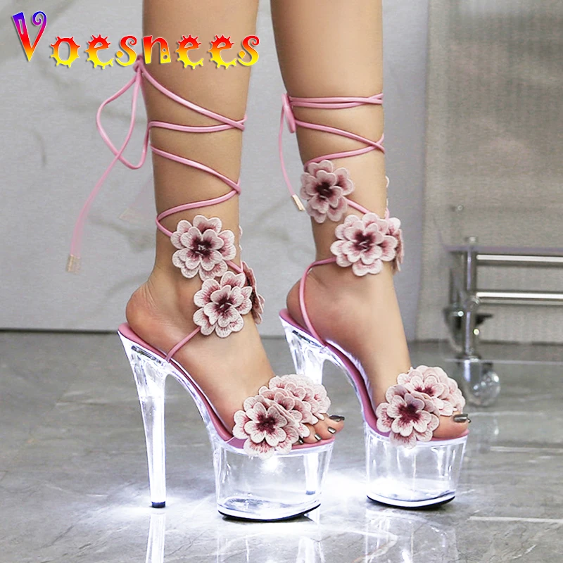 Thick Platform Sandals Designer Transparent Light Up Ultra High Heels Flower Strappy Women Sandals Summer Crystal Glowing Shoes