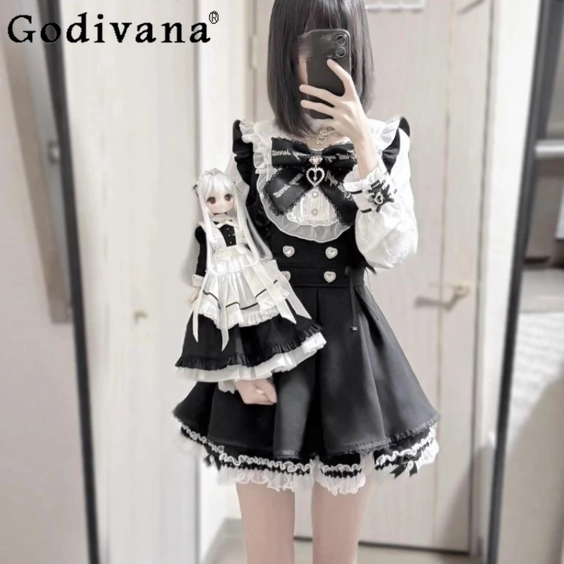

Slim Fit Uniform Set for Women Fake Two Piece Long Sleeve Shirt Lace Lolita Outfits Female Spring Autumn Japanese Style Suits