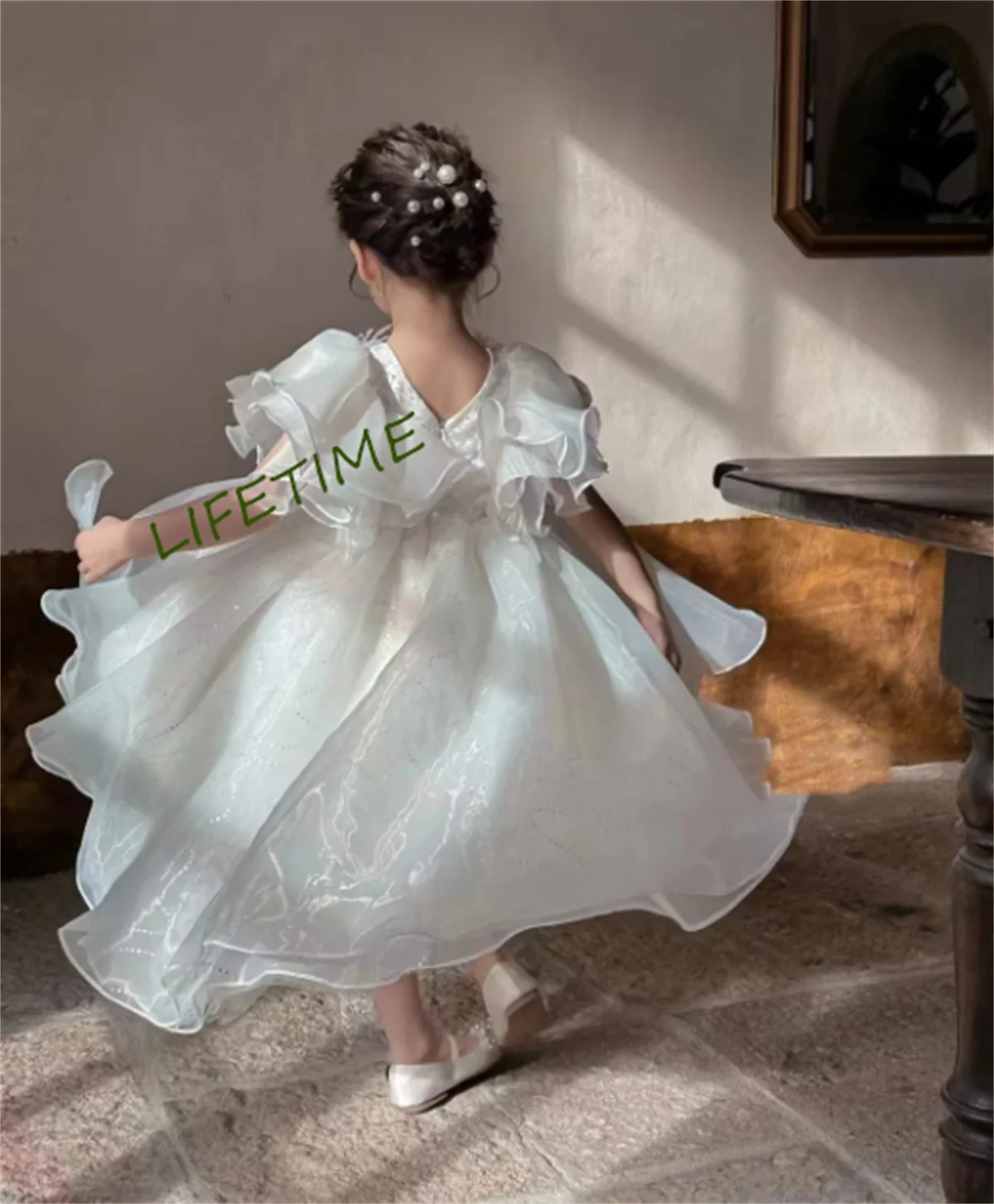 New Ivory White Flower Girl Dress for Wedding Hi-Low V Neck Girls Prom Birthday Party Gowns First Communion Dress