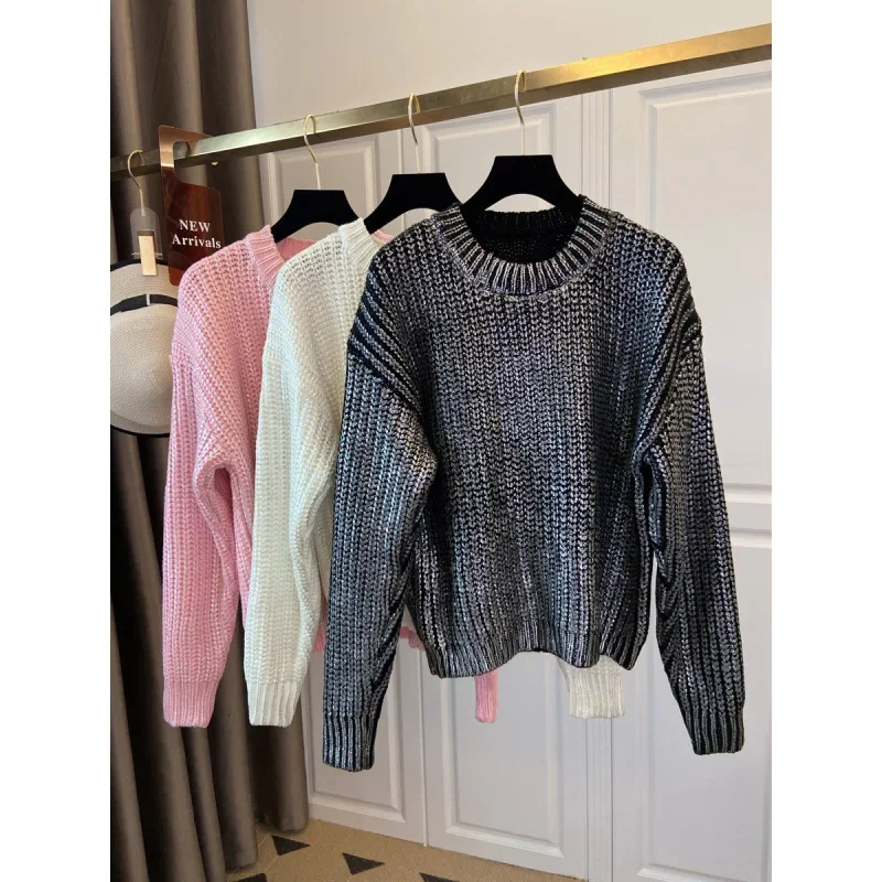 2024 Autumn/Winter Thirteen-Row Gold-Embellished Thickened Medium-Length Loose-Fit Pink Sweater Crew-Neck Pullover