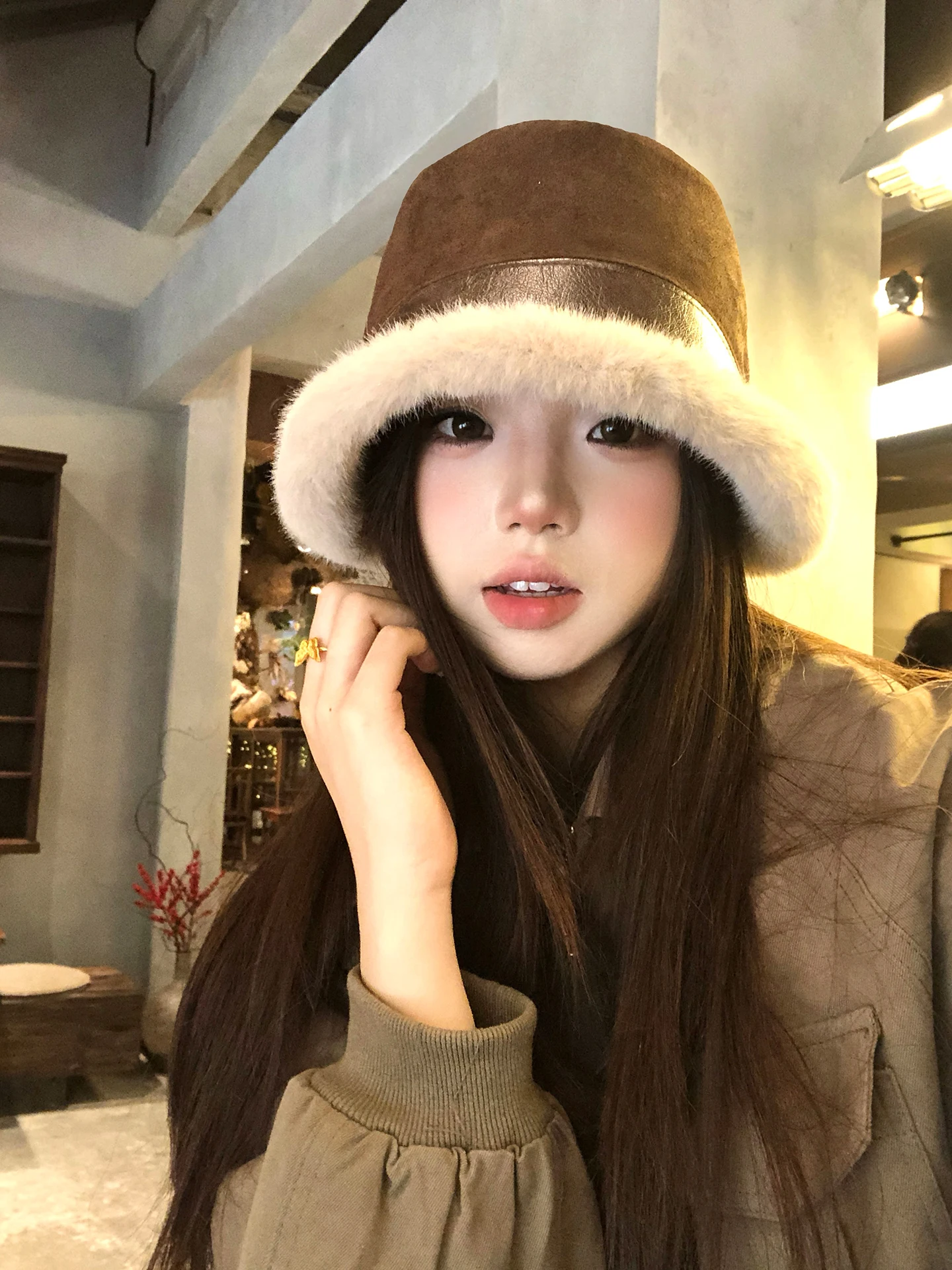 Winter New Style Women's Suede Bucket Hat Warmth Enhancing Face Slimming Brown Furry Pot Hat Adjustable Unisex Retro Fishing Cap