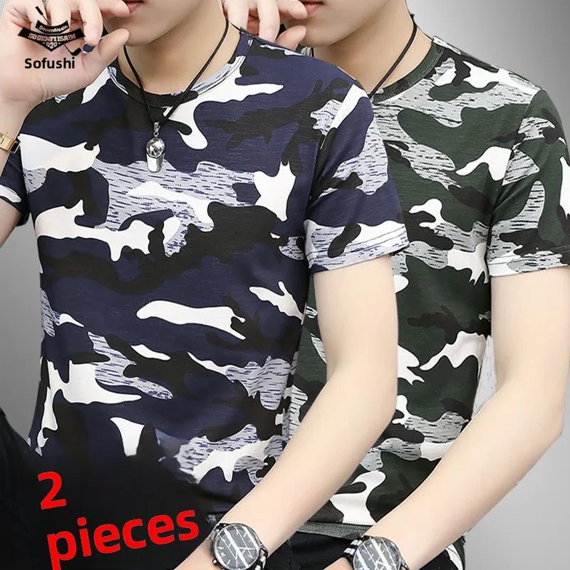 

Мужская летняя футболка свободного кроя с камуфляжным принтом, из чистого хлопка, больших размеров, в городском стиле, для работы, с круглым вырезом, с принтом D...
