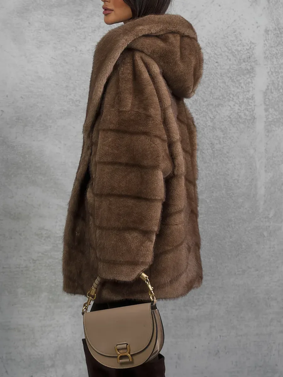LIMO Women Hooded Faux Mink Fur Coat Belted Loose Winter Warm Furry Outerwear