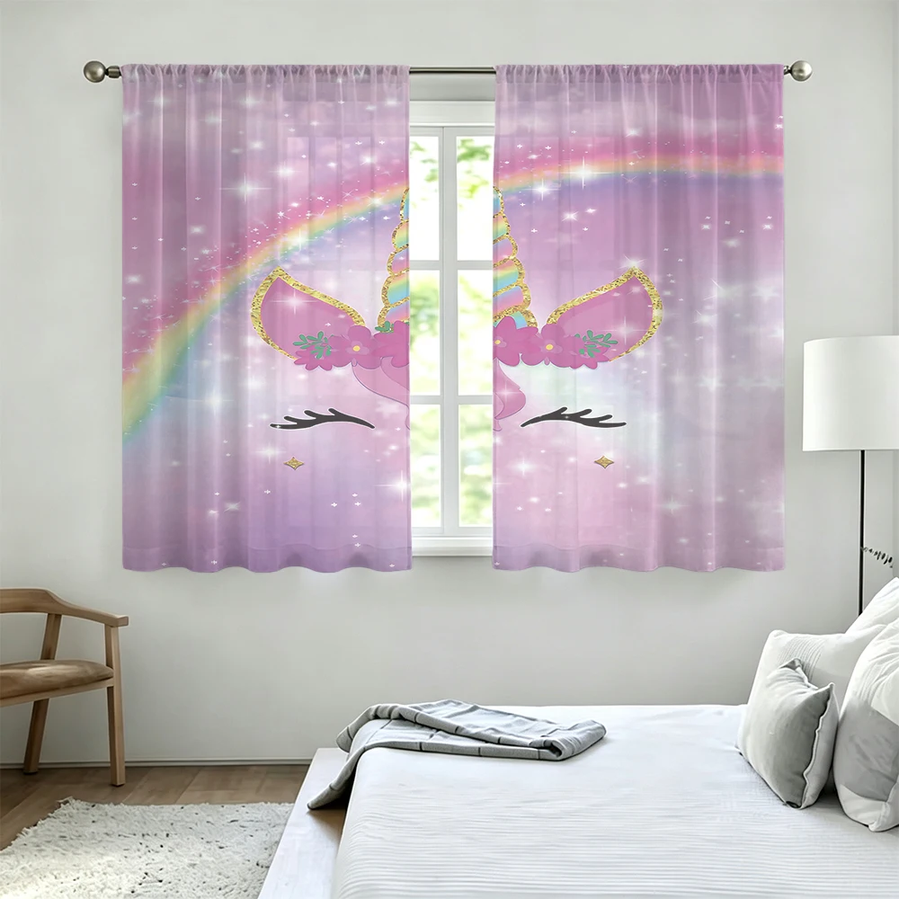 2Pcs Starry Rainbow Floral Unicorn Rod Pocket Curtains Light Blocking Privacy Window Curtains For Bedroom Living Room Dreamy