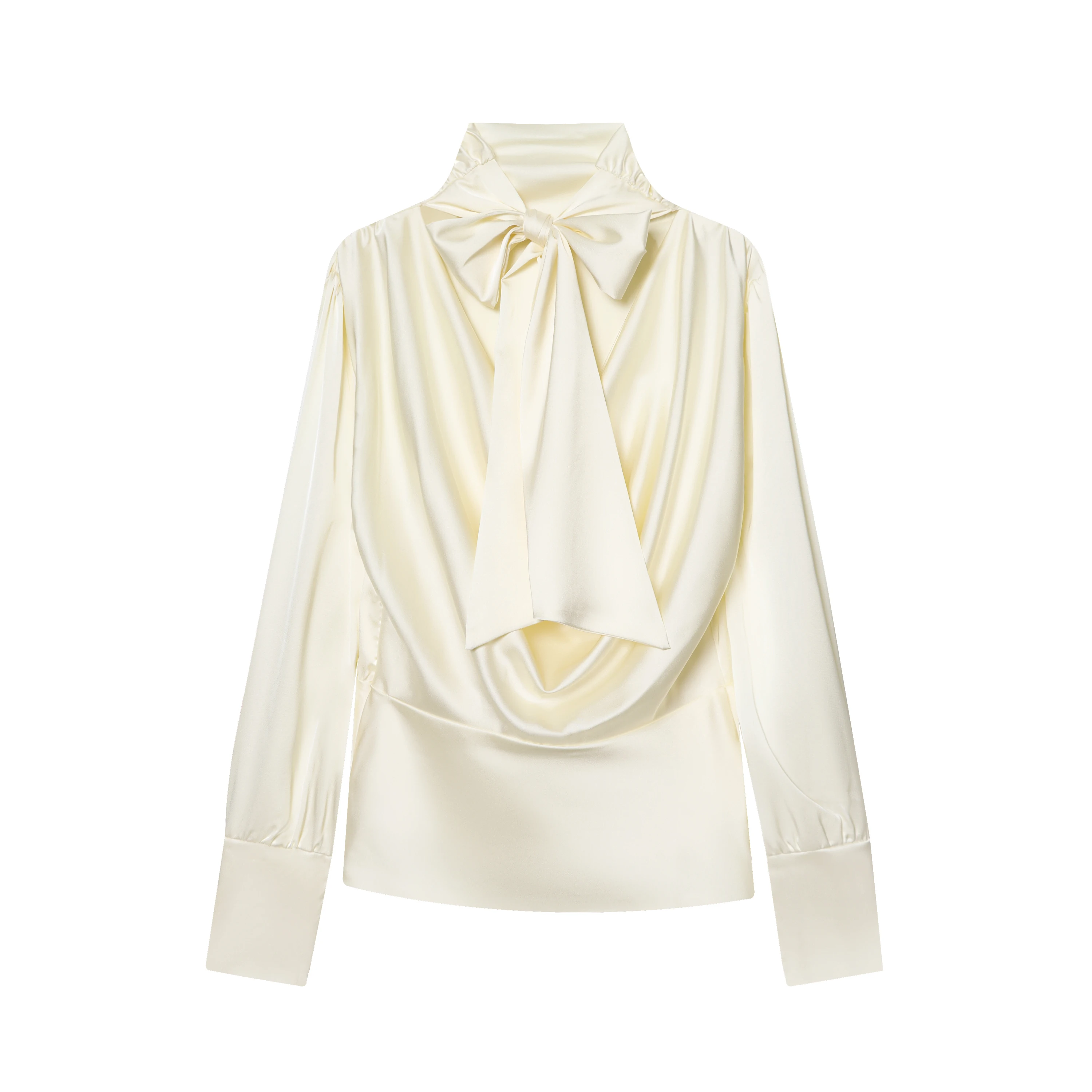 AOMO 2026 Женская однотонная атласная блузка с открытой спиной, бантом, длинным рукавом, свободного кроя, 10H9-1