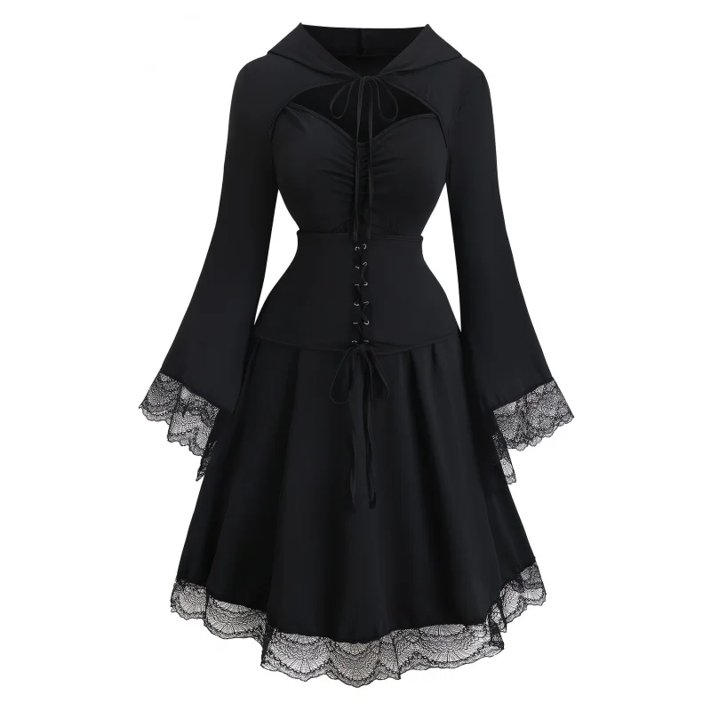 

Женское платье больших размеров с кружевом, на шнуровке, с капюшоном, с квадратным вырезом, с завязками, с приталенным силуэтом, новое весенне-летнее платье больших размеров