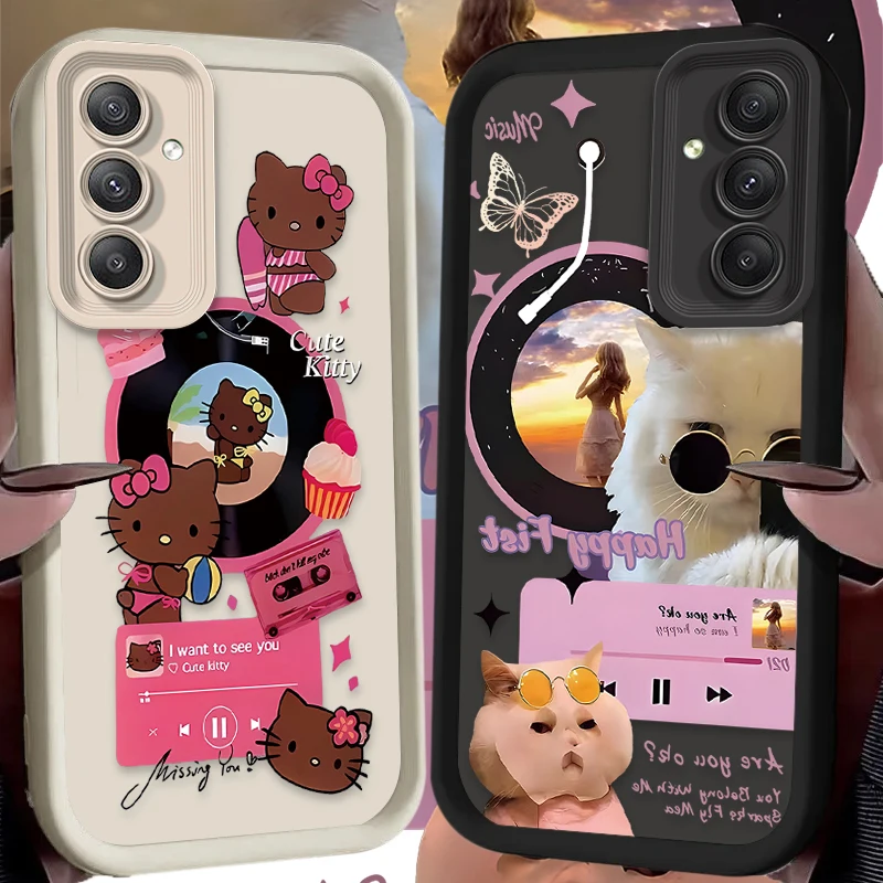 Cartoon KT Cat Music Record Phone Case for Samsung Galaxy S24 S23 S22 S21 Ultra Plus FE A54 A34 A14 A73 A53 A33 5G Soft Cover