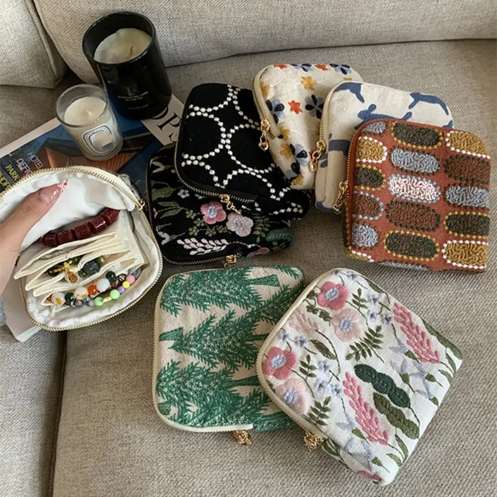 Multi-Layered Embroidered Jewelry Storage Bag Embroidery Ethnic Style Portable Jewelry Organizer Fashion Cotton Linen
