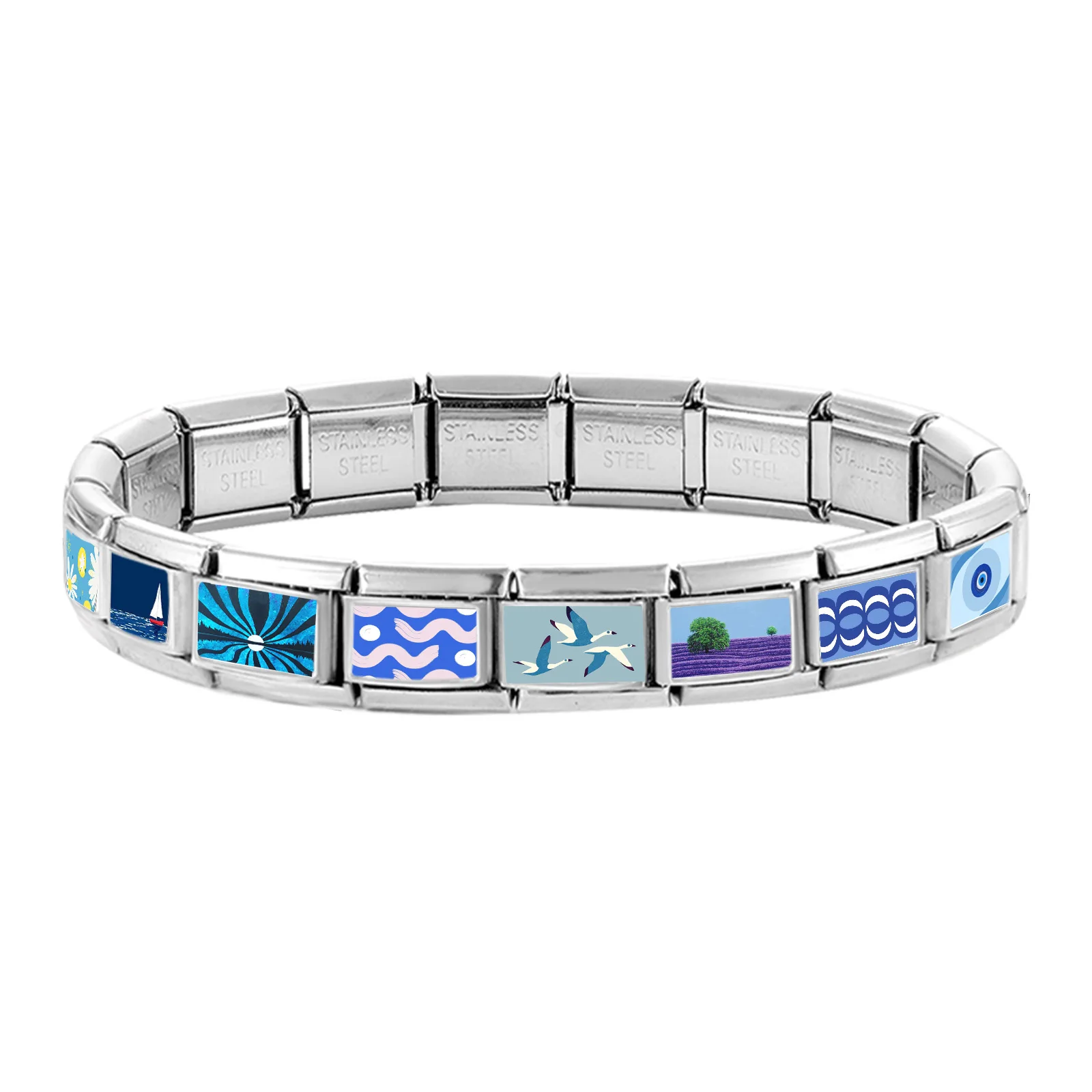 Blue Sea Eyes Flower Shell Heart Ship Italian Charm Links Fit 9mm Stainless Steel Bracelet DIY Making Jewelry Gift Wholesale