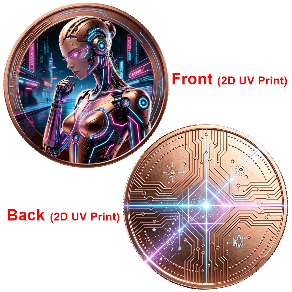 1pc Cyberpunk Style Mechanical Lady Pure Copper Coin Urban Robot 999 Fine Copper Challenge Coin Gifts For Technology Hobbyists