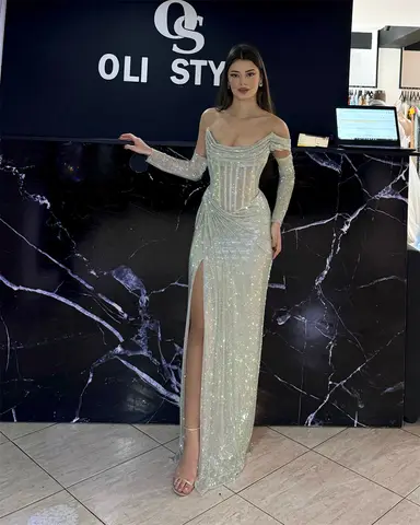 Contessa Dubai Silver Shiny Prom Dresses With Sleeve Off Shoulder Vestidos de noche Side High Split Formal evening dresses 2025 6 best sales चांदी के कपड़े - №1