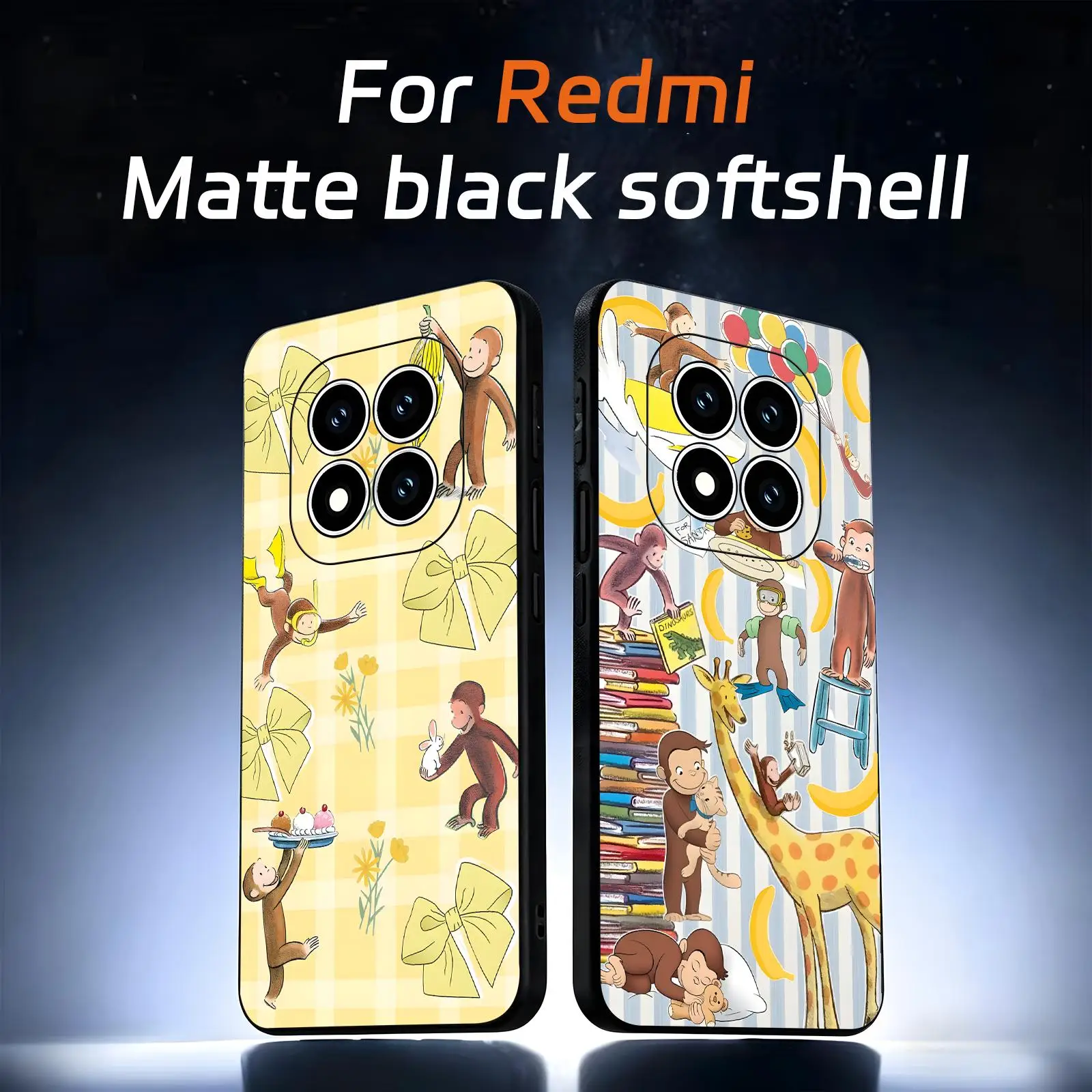 Coque de téléphone mignonne avec l’image de Curious George, pour les modèles Redmi Note 17, 15, 14, 13, 12 Pro Plus 5G, 14C, A3. Coque souple noire.