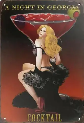 COCKTAIL PIN UP METAL TIN SIGN SEXY GIRL BY MARTINI GLASS BAR ART GEORGIA NIGHT