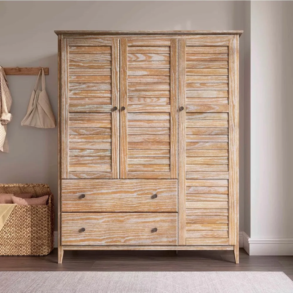 Greenport 3-Door Wardrobe, Solid Wood with Brushed Driftwood Finish