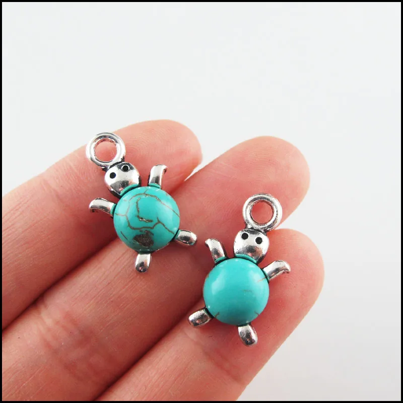 New Turquoise Stone Charms Cat Owl Cross Flower Key Oval Tibetan Silver Plated Pendants Retro