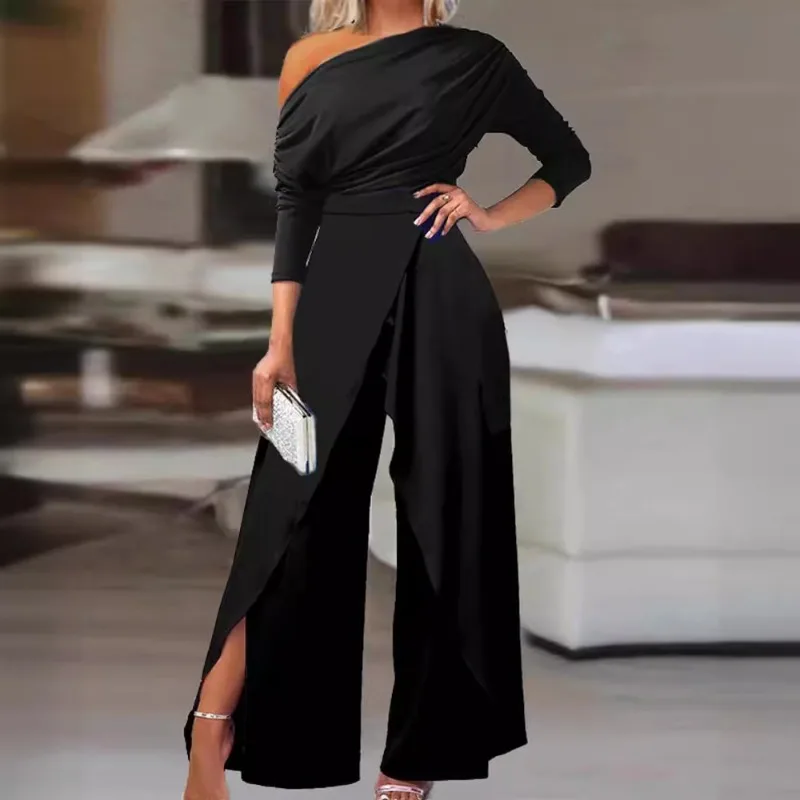 Sexy Women Corset Jumpsuit Overalls Elegant Fashion Long Sleeve One Shoulder High Waist Slit Wide Leg Pants Romper Clubwear