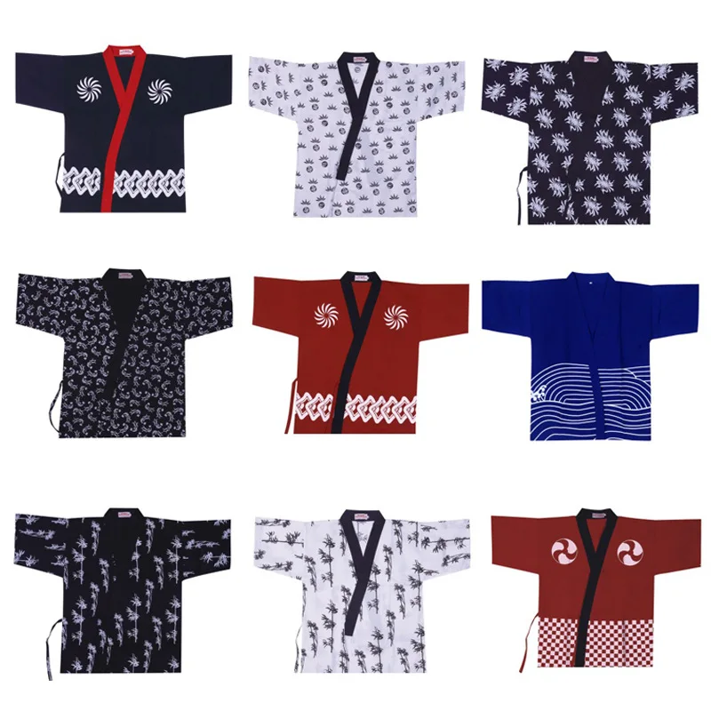 Unisex Japanese Style Chef Coat Sushi Restaurant Kimono Cook Uniform Shirts Waitress Waiter Work Wear Tops Overalls Jackets