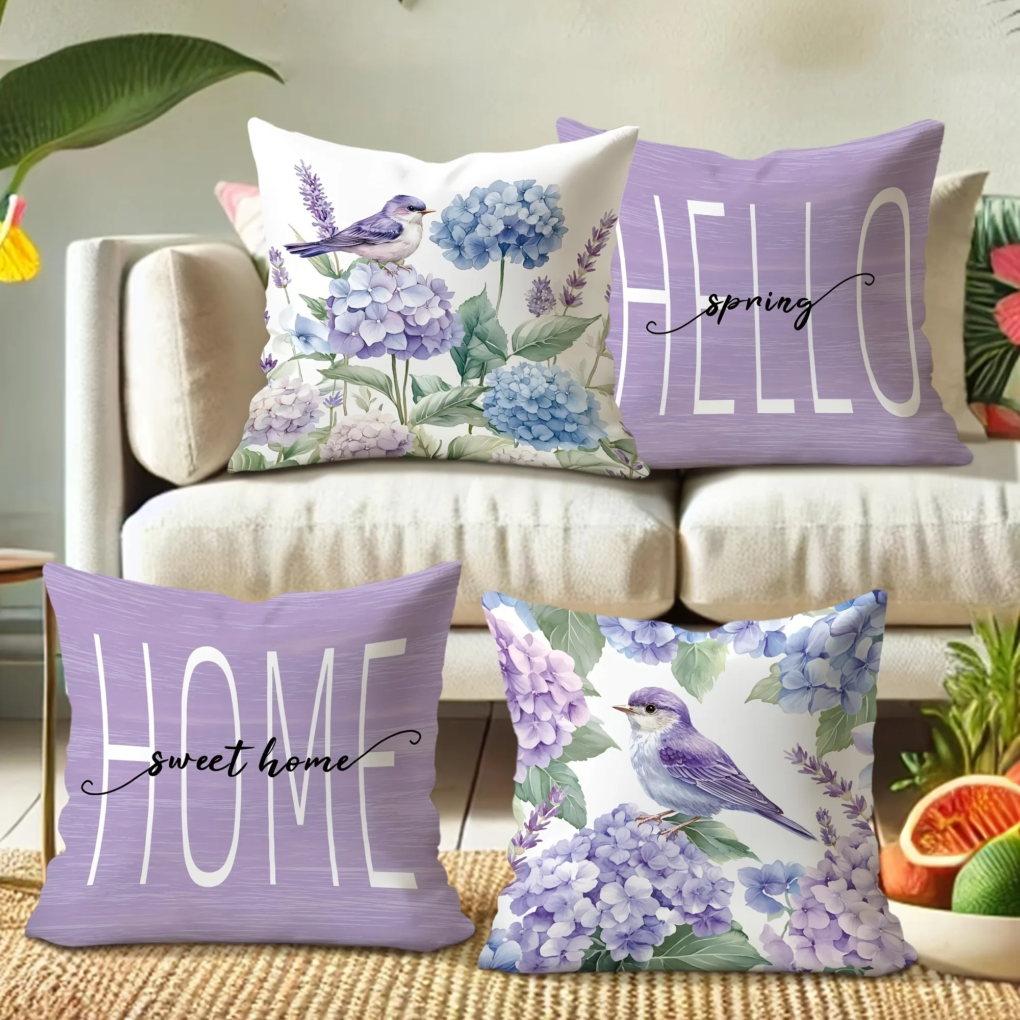 1pcs purple rhyme flowers and birds welcome spring, meet a warm home pillow cover, sofa cushion cover, room decoration