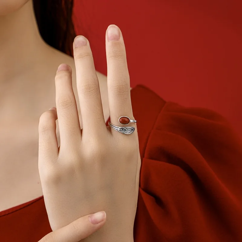 

Feather Crystal S925 Sterling Silver Ring Amazon Agate Gemstone South Red Agate European Trends Noble Banquet Gift Women Ladies