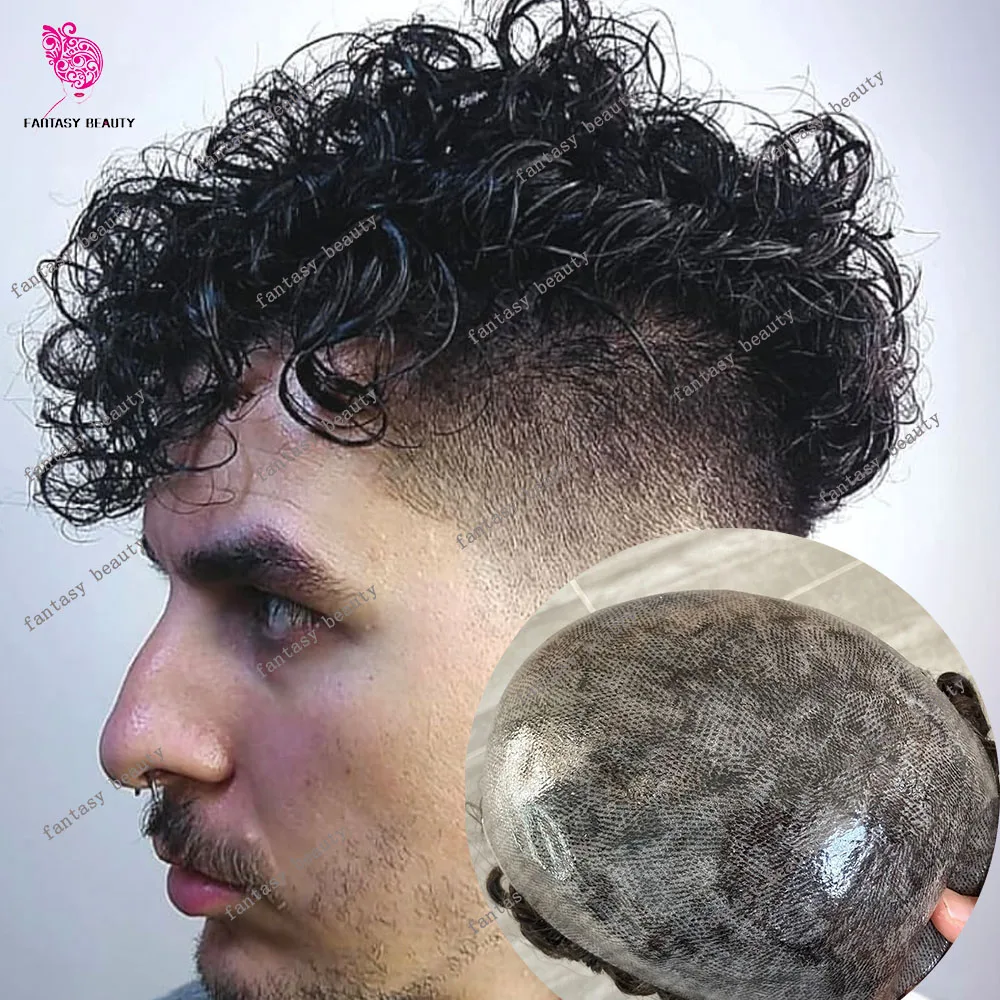 Toupee PU de pele fina completa super durável para homens, peruca encaracolada, prótese masculina, 100% cabelo humano, penteado barato do sistema, preto, marrom, 20mm