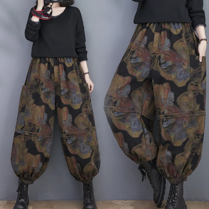 Autumn Winter New Arts Style Vintage Print Women Elastic Waist Loose Jeans Double Pocket Cotton Denim Harem Pants