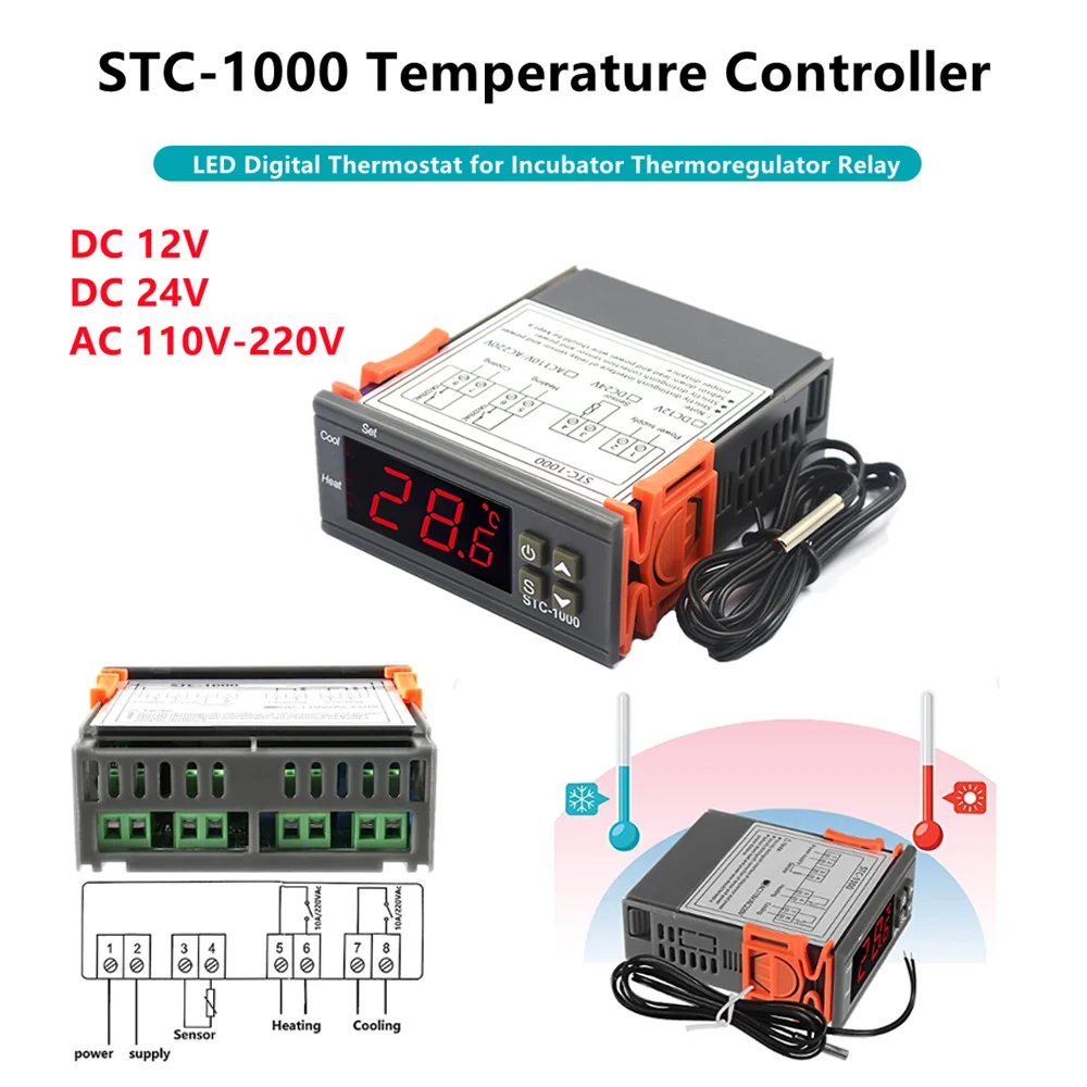 STC-1000 LED Digital Thermostat for Incubator Temperature Controller Thermoregulator Relay Heating Cooling 12V 24V 220V STC 1000