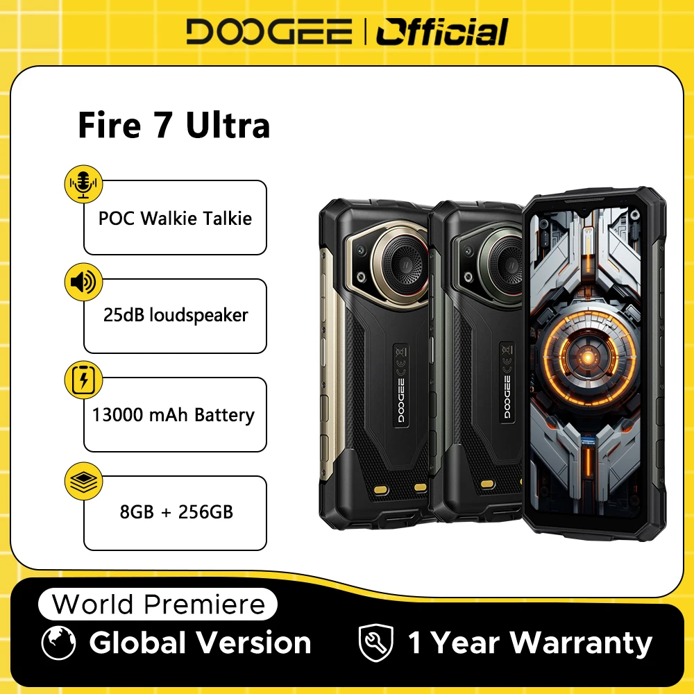 DOOGEE Fire 7 Ultra Rugged Phone 5G POC Walkie Talkie 13000mAh Battery 64MP Ultra-Clear Lmaging Dimensity 6300 NFC Smartphone