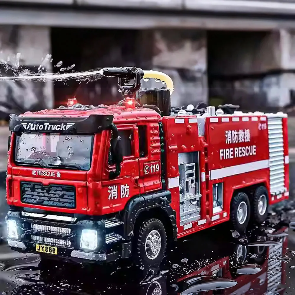 Motor de bomberos de aleación 1:50, juguetes fundidos a presión, modelos de coches, neumáticos de goma, escalera, camión, rociador en miniatura, camiones de bomberos, regalos para niños