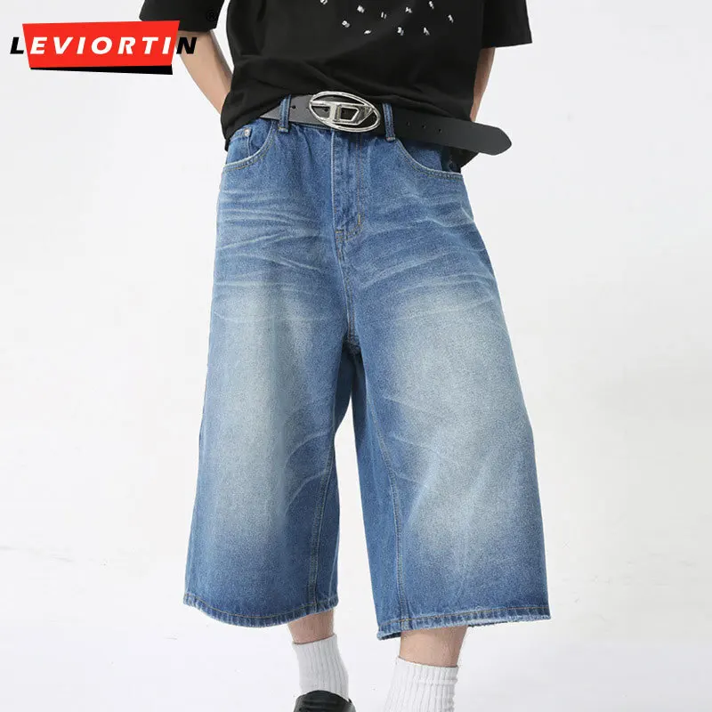 Men's jeans casual straight leg loose wide leg fashionable clothing 2024 summer retro style multifunctional seven quarter jeans