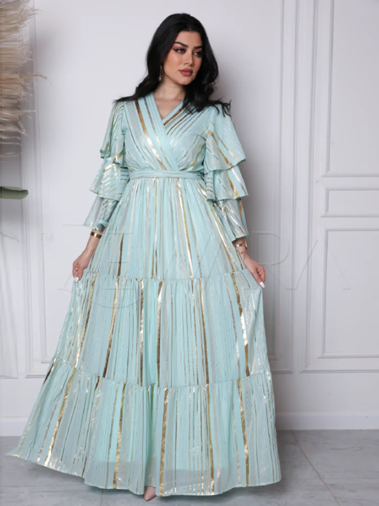 2022 Roken Evan Muslim High Quality Abaya Arab Young Lady Wedding Party Elegant Lady Dress Light Blue Long Horn Sleeve Dress