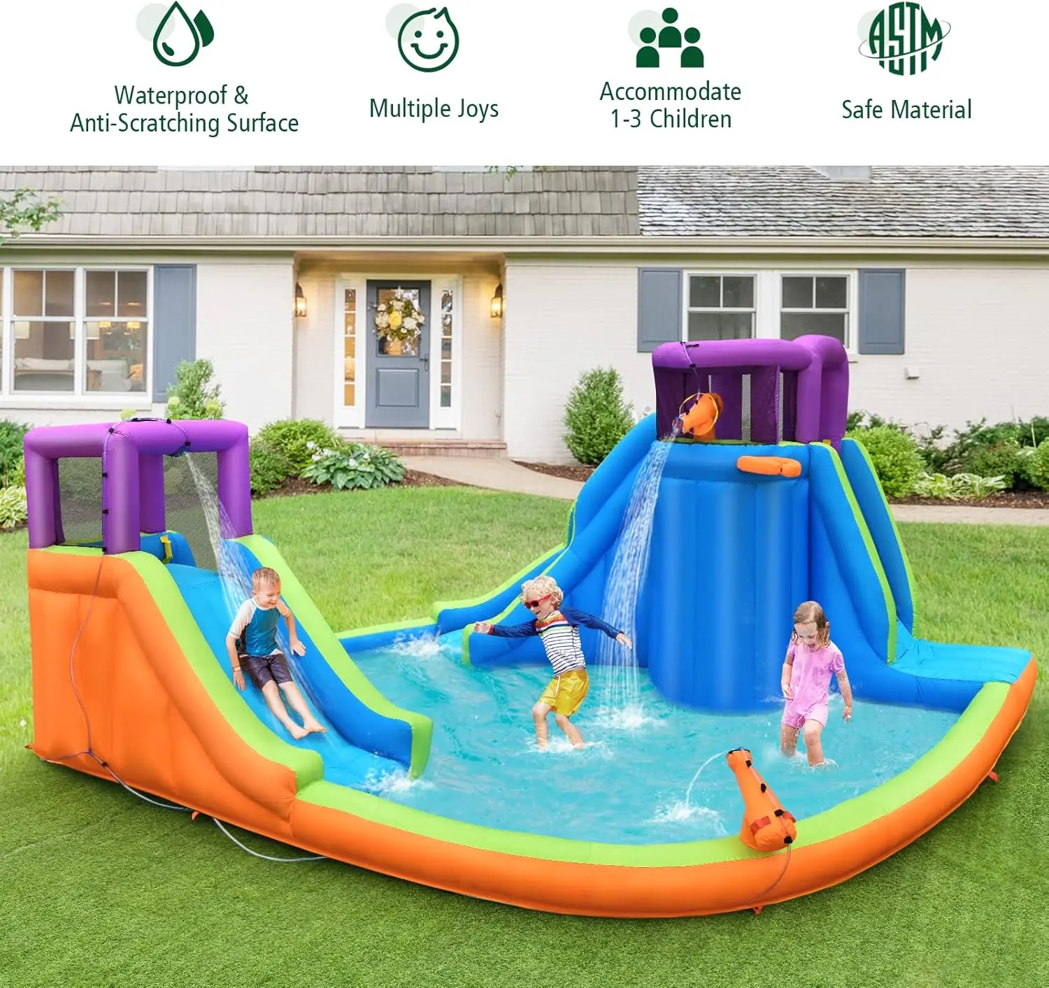 สไลเดอร์เป่าลม750W เครื่องเป่าลม15x14.5FT สำหรับเด็กสไลเดอร์น้ำกลางแจ้งพร้อมสไลเดอร์คู่สไลด์ & ปีนเขาเพื่อความสนุกในการแข่งรถ