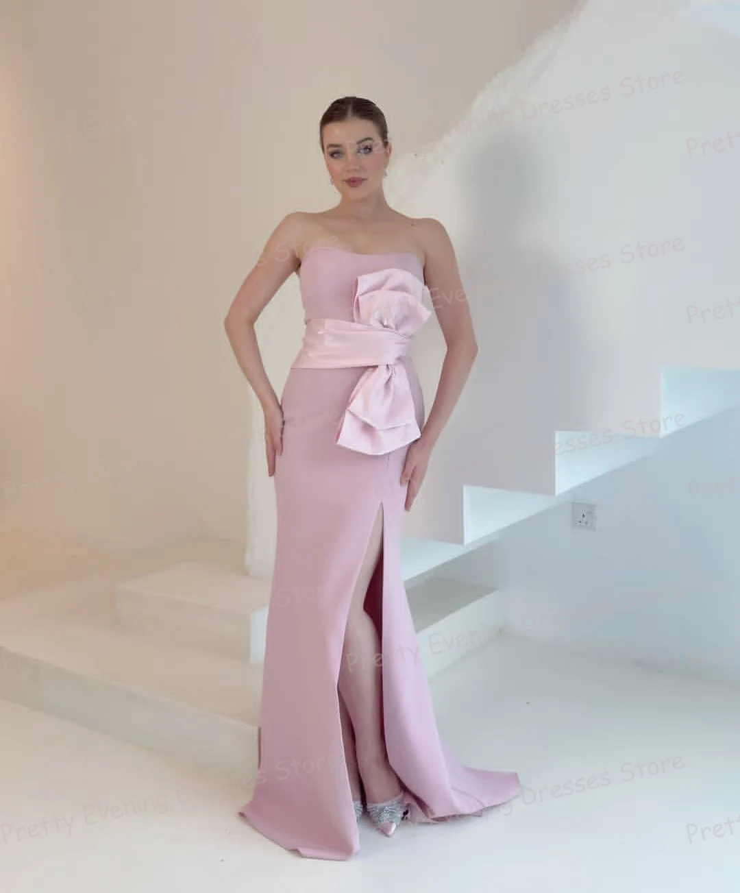 

Simple Mermaid Bow Evening Dresses Woman Boat Neck Sexy Prom Gowns Side Split Sleeveless Customized Fashion Vestidos De Novia