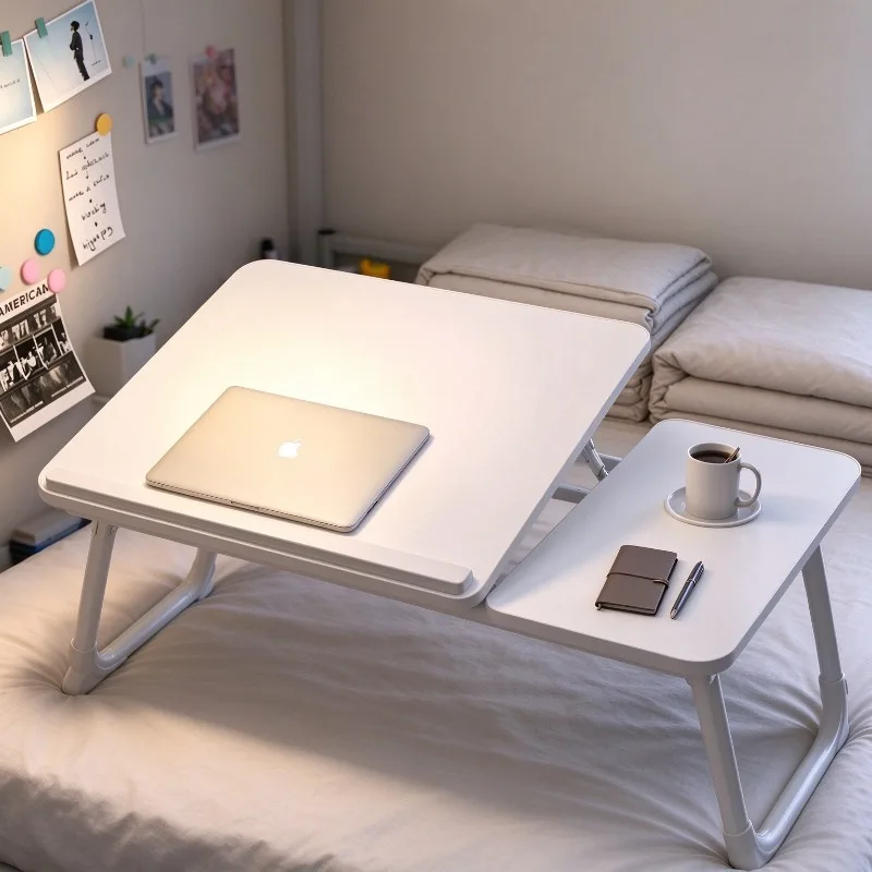 Adjustable Folding Bed Desk with Cup Holder, Reading Slot, Large Legroom, One Second Storage plus Strong Support for Dorm Use