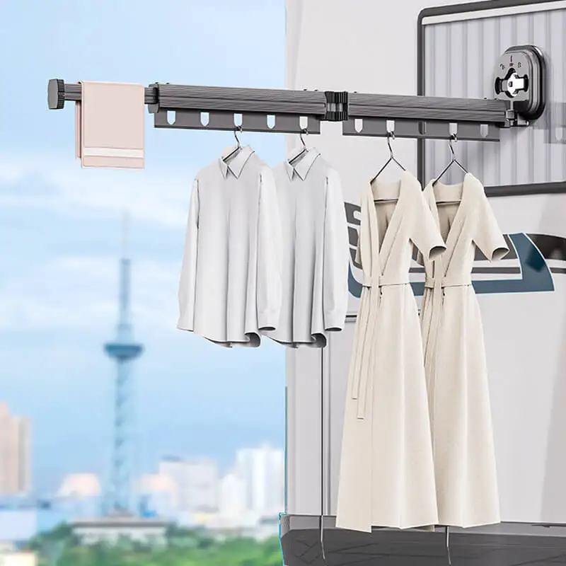 Suction Wall Mount Folding Clothes Drying Rack With Retractable Suction Cup Extension Pole Reusable 1/2/3-Fold Clothes Drying