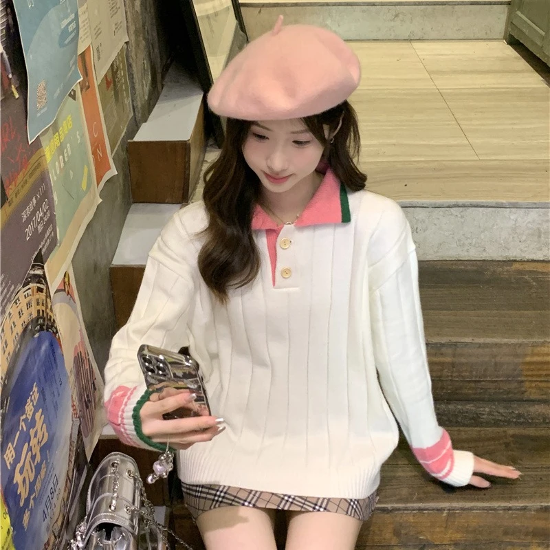 Sweet Color Collision Pullovers Women Long Sleeve Polo-neck Autumn and Winter New Japanese Style Short Knitted Sweaters Female