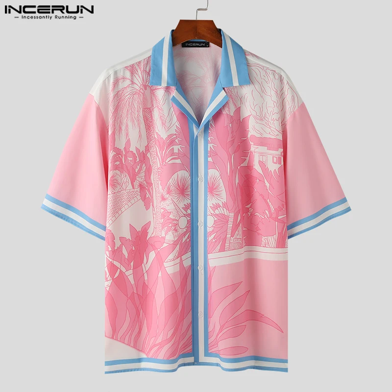 Men Casual Shirt Printing Patchwork Lapel Short Sleeve Loose Men Clothing Streetwear 2024 Fashion Leisure Shirts S-5XL INCERUN