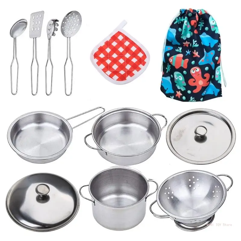 Boys Girls Educational Stainless Steel Cooking Utensils Fun Chef Apron Pot Pretend Play Toy Home Kids Kitchen Playset