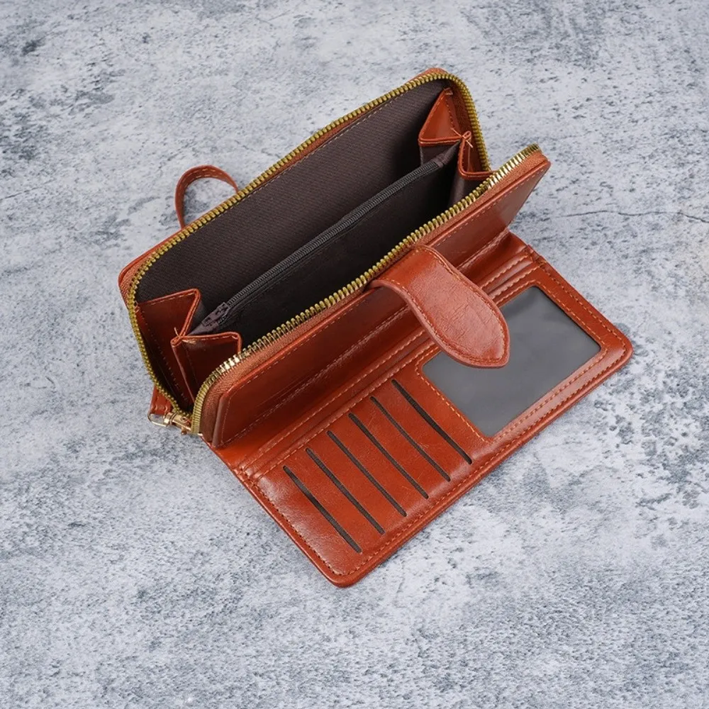 Vintage Long Women Wallet Double Layer Large Capacity Leather Wallets with Lanyard Multiple Card Slots Wrist Bag Travel