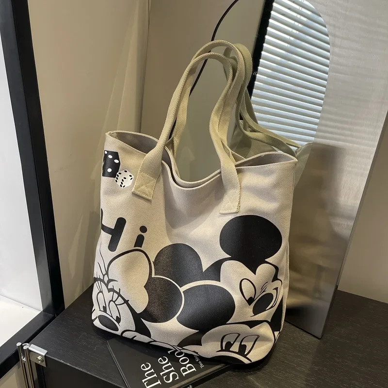 Large Capacity Fashionable Versatile Cute Cartoon Mickey Canvas Bag  Women 2024 Autumn Winter New Single Shoulder Tote Vintage