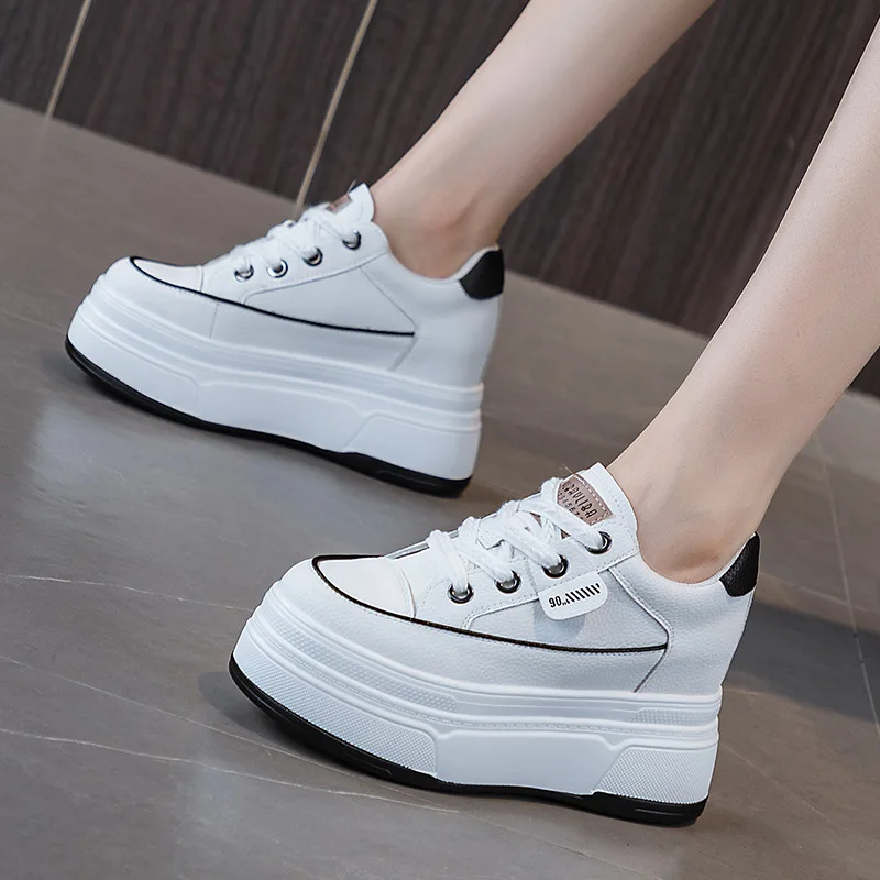 9cm Genuine Leather Women Hidden Heels Women Casual Breathable Chunky Sneakers Platform Vulcanized Fashion Summer Shoes