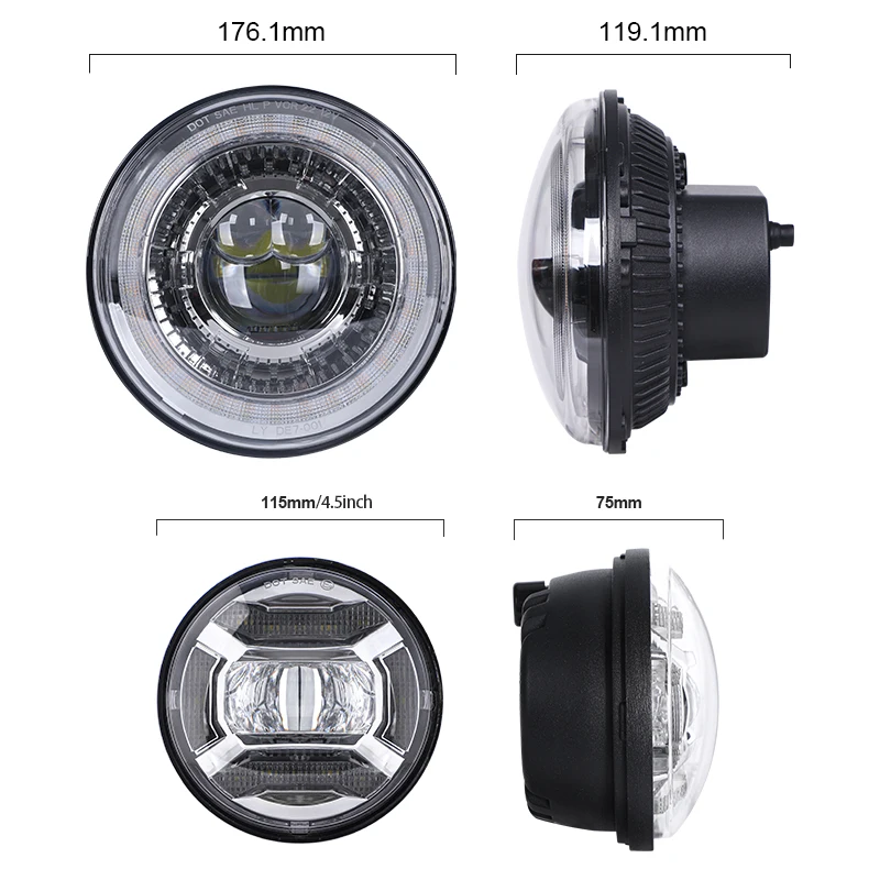 Dragon Eye Design Led Headlight Set with Halo for Motorcycle  7 Inches Front Headlamp 4.5 Inch Fog Lights