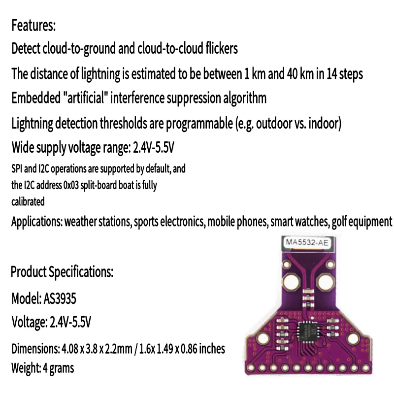 AS3935 MCU3935 sensore di fulmini rilevamento della corsa del fulmine modulo sensore ottico della distanza della tempesta