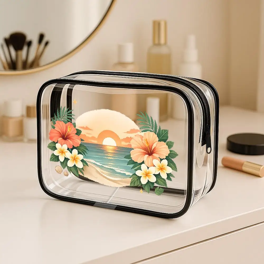 Hibiscus Flowers Palm Leaves And Beach Sunset Clear PVC Cosmetic Bag Tropical Vacation Style Zippered Portable Toiletry Organize