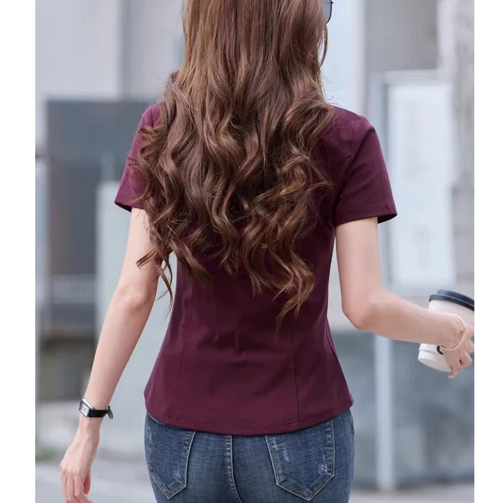 Purple short sleeved T-shirt women's summer new high-end cotton fashionable plus size round neck loose casual fishbone top
