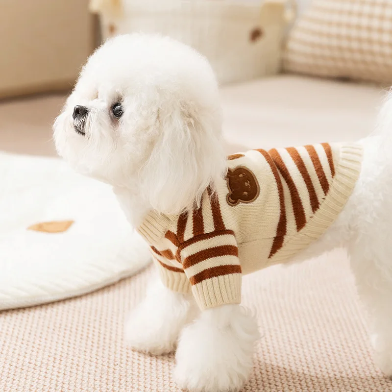 Hundepullover für Kleine Hunde Niedlicher Bären-Cardigan Haustier-Mantel Herbst Winter Gestreifter Welpen-Kleidungsstück Warmer Gestrickter Hundepullover – Detail 12