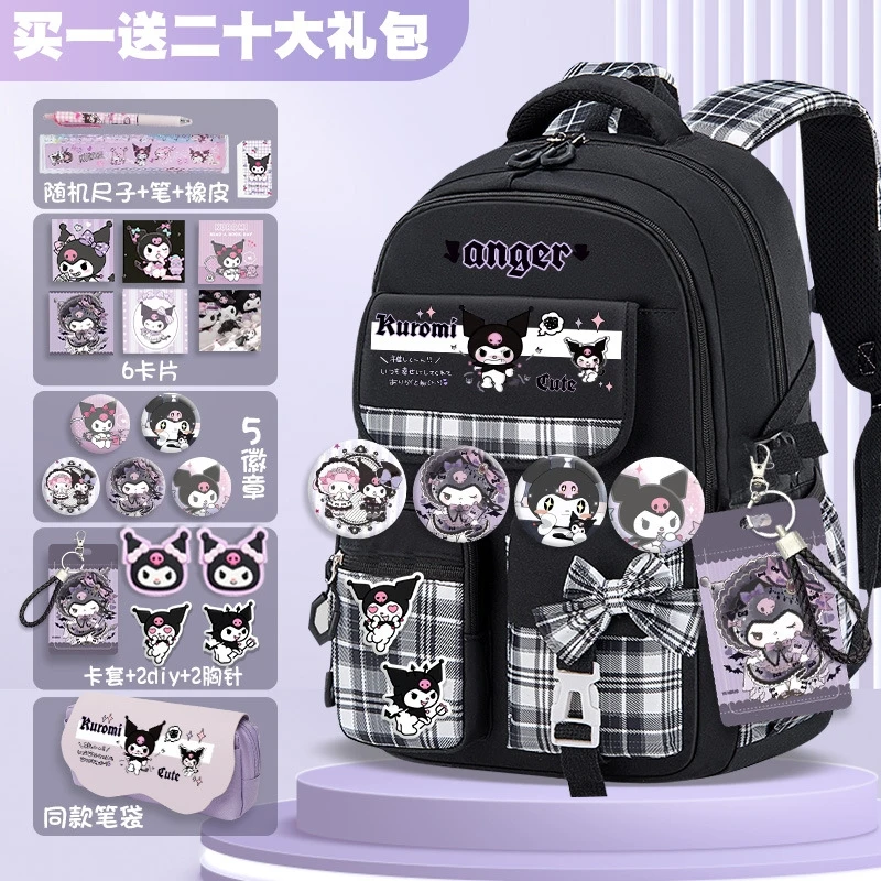 Sanrio Kuromi Schoolbag para meninas novo 2024 mochila escolar leve com proteção de coluna de alto volume para séries 3-9