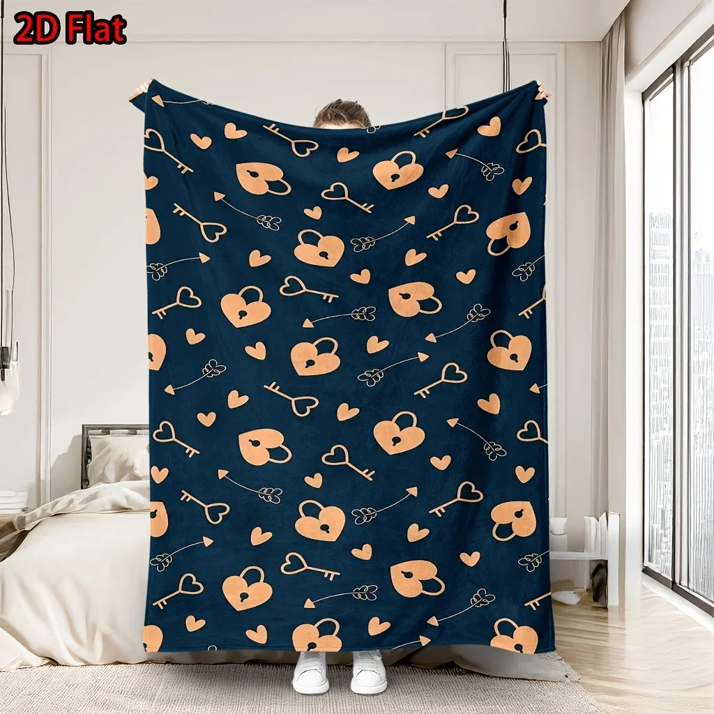 Navy Blue Heart Key Pattern Throw Blanket Plush Fleece Bed Cover Cozy Romantic Decorative Gift for Couple