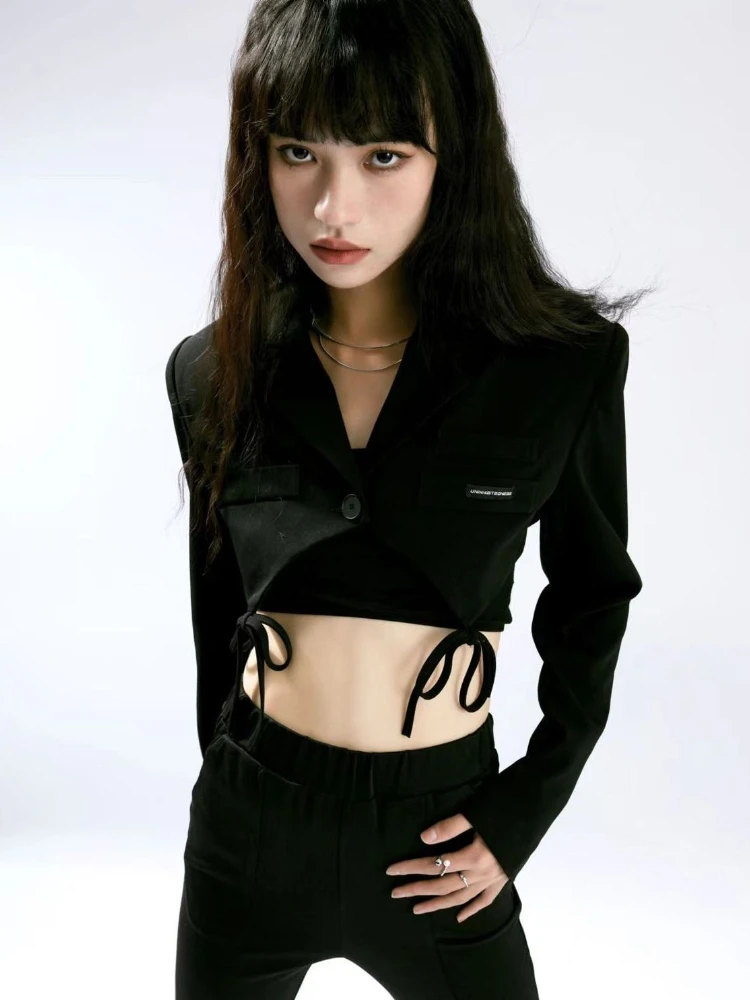 Bléiser corto negro para mujer, ropa de calle con muescas, estilo minimalista, para oficina, Y2k, Primavera