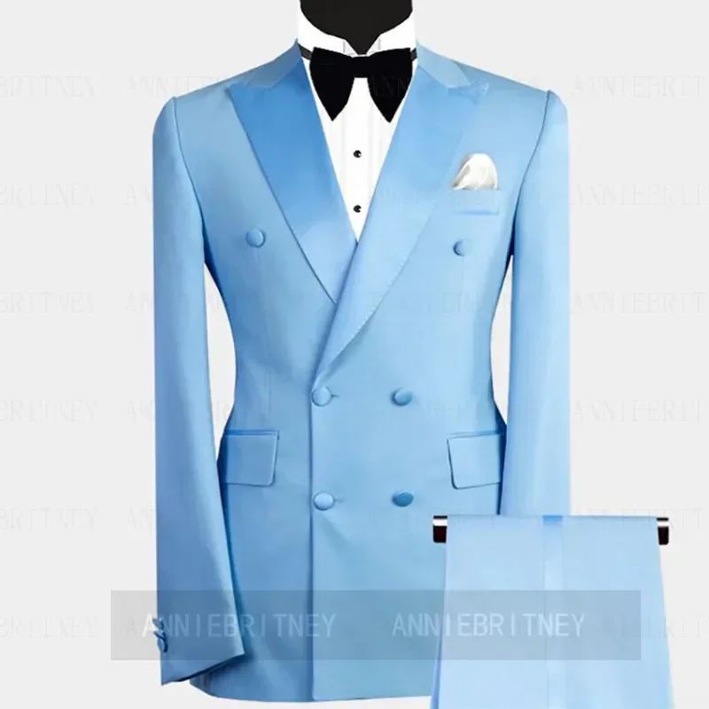 Fato formal trespassado duplo azul céu masculino, smoking elegante do noivo, blazer de baile de formatura, alta qualidade, conjunto de 2 peças