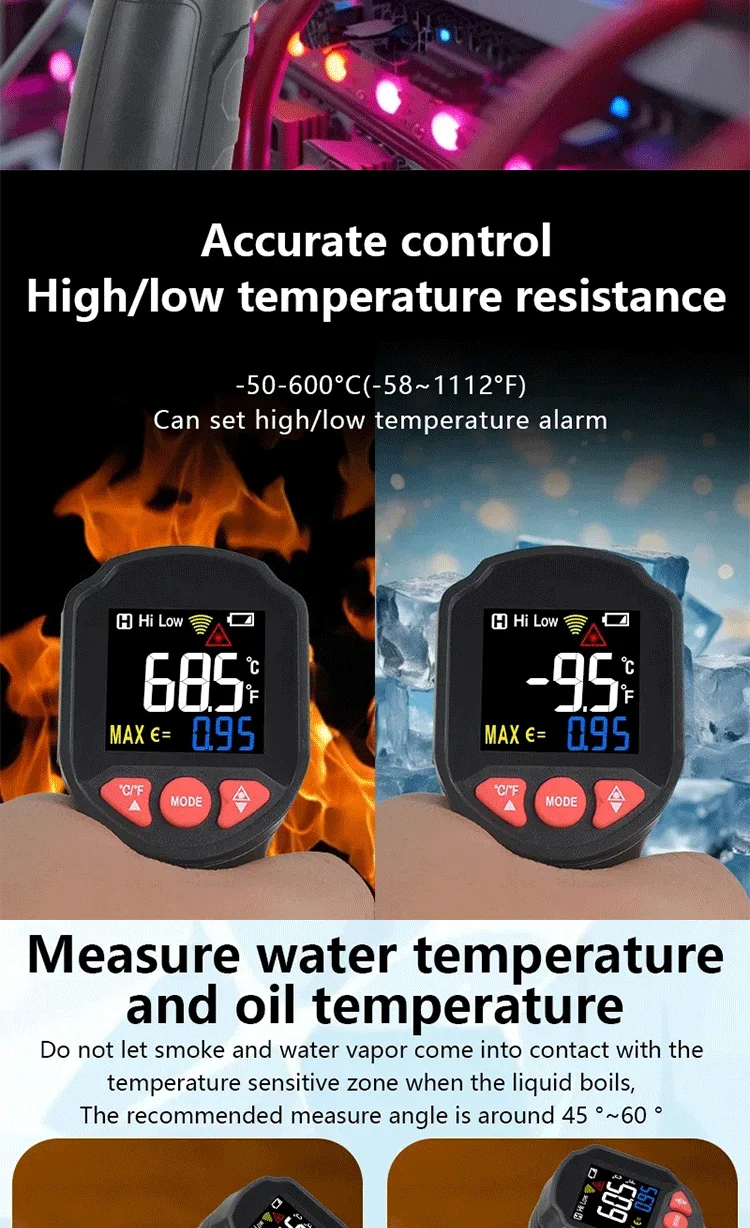 Digitales Thermometer Infrarot-Thermometer -50~600 ℃ 800 ℃ Berührungsloses Pyrometer für die Küche, Laser-Temperaturmessgerät und Hygrometer – Detail 4